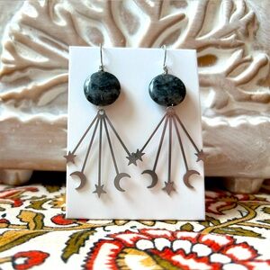 Handmade Moon and Stars Labradorite Stainless Steel Earrings - 2.25” Drop - New